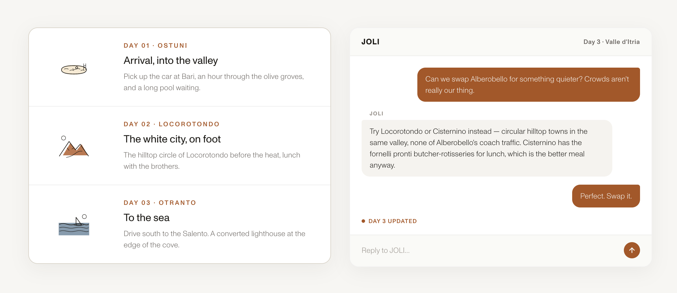 JOLI in use — a three-day Italian trip plan on the left, a live conversation iterating on the plan on the right.