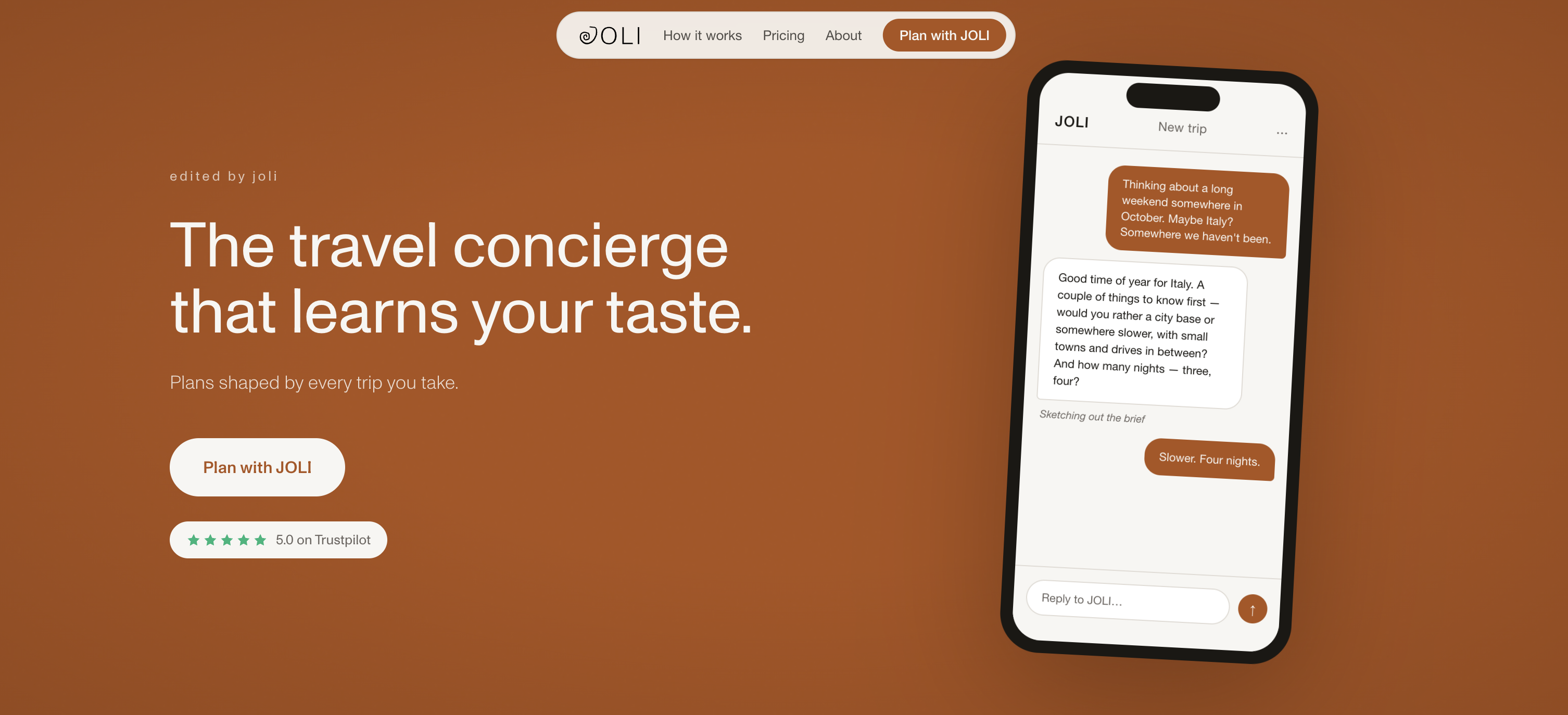 JOLI homepage — 'The travel concierge that learns your taste' with the JOLI app shown in a phone mockup.